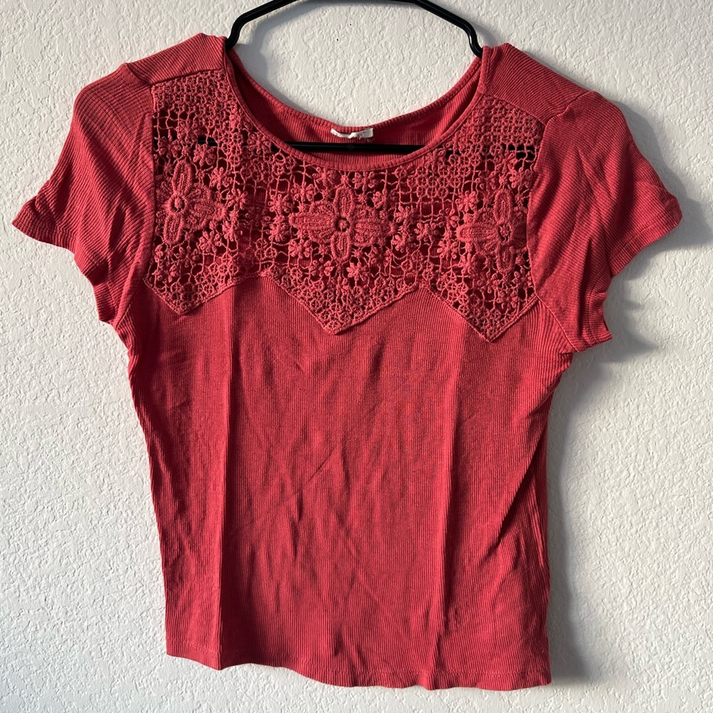 Vintage Cropped Semi-Mesh Floral Coral Tee Size XS